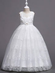 Long Ball Gown Tulle Sleeveless Jewel Neck Wedding Party Flower Girl Dresses-27dress