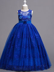 Long Ball Gown Tulle Sleeveless Jewel Neck Wedding Party Flower Girl Dresses-27dress