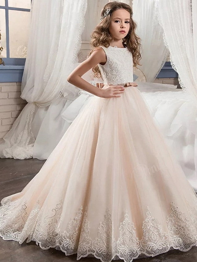 Long Ball Gown Tulle Sleeveless Jewel Neck Wedding Party Flower Girl Dresses-27dress