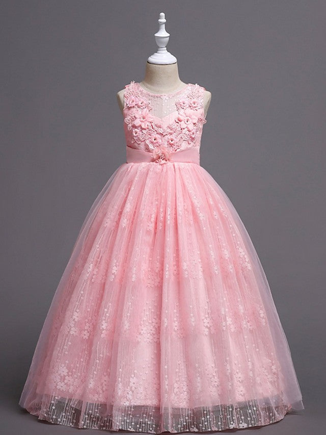 Long Ball Gown Tulle Sleeveless Jewel Neck Wedding Party Flower Girl Dresses-27dress