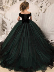 Long Ball Gown Tulle Velvet Off Shoulder Wedding Party Flower Girl Dresses-27Dress