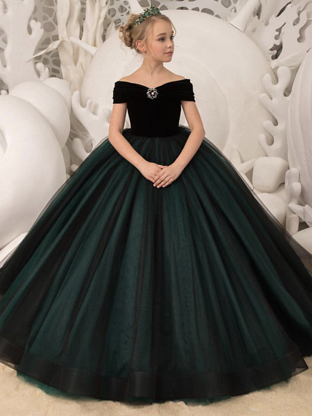 Long Ball Gown Tulle Velvet Off Shoulder Wedding Party Flower Girl Dresses-27Dress