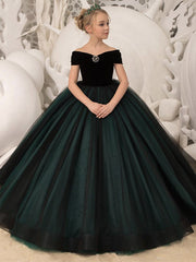 Long Ball Gown Tulle Velvet Off Shoulder Wedding Party Flower Girl Dresses-27Dress