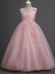 Long Ball Gown Tulle Wedding Party Flower Girl Dresses-27dress