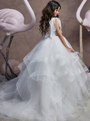 Long Ball Gown V Neck Tulle Party Birthday Flower Girl Dresses-27dress