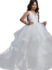 Long Ball Gown V Neck Tulle Party Birthday Flower Girl Dresses-27dress