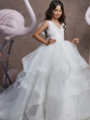 Long Ball Gown V Neck Tulle Party Birthday Flower Girl Dresses-27dress