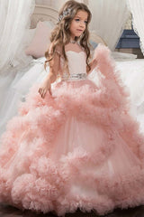 Long Ball Gown Violet Scoop Neck Flower Girl Dresses with Sleeves-27dress