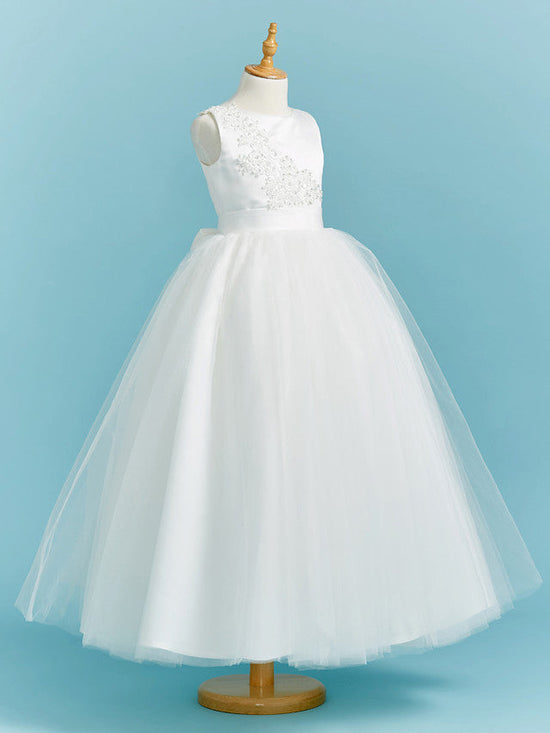 Long Flower Girl Dresses Ball Gown Crew Neck Lace Tulle Junior Bridesmaid Dress-27dress