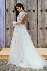 Long Illusion Sleeves V-neck A-line Tulle Lace Wedding Dress From 27dress