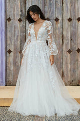 Long Illusion Sleeves V-neck A-line Tulle Lace Wedding Dress From 27dress