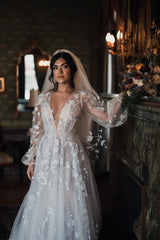 Long Illusion Sleeves V-neck A-line Tulle Lace Wedding Dress From 27dress