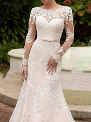Long Mermaid Bateau Neck Sweep Brush Train Lace Wedding Dresses with Sleeves-27Dress
