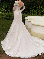 Long Mermaid Bateau Neck Sweep Brush Train Lace Wedding Dresses with Sleeves-27Dress