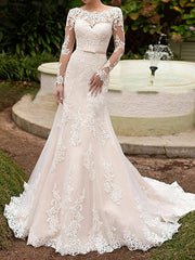 Long Mermaid Bateau Neck Sweep Brush Train Lace Wedding Dresses with Sleeves-27Dress