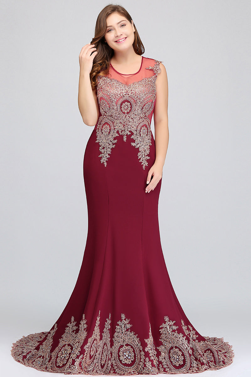 Long Mermaid Court Train Chiffon Lace Evening Dress with Appliques-27dress