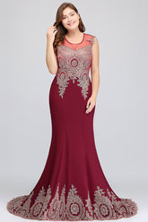Long Mermaid Court Train Chiffon Lace Evening Dress with Appliques-27dress