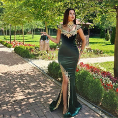 Long Mermaid Dark Green Evening Dresses with Gold Lace appliques-27Dress