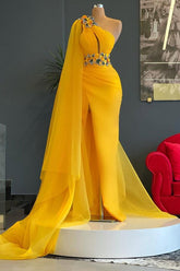 Long Mermaid One Shoulder Beading Tulle Prom Dress with Slit-27Dress