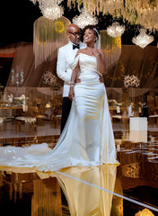 Long Mermaid One Shoulder Sleeveless Satin Wedding Dress with Beading-27dress