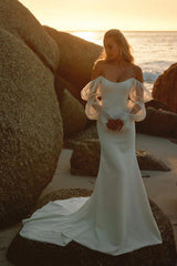 Long Mermaid Strapless Satin Wedding Dress with Sleeves-27dress
