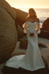 Long Mermaid Strapless Satin Wedding Dress with Sleeves-27dress