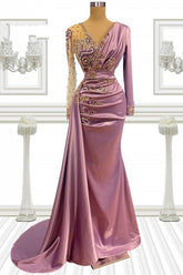 Long Mermaid V-neck Beading Satin Prom Dress with Sleeves-27Dress