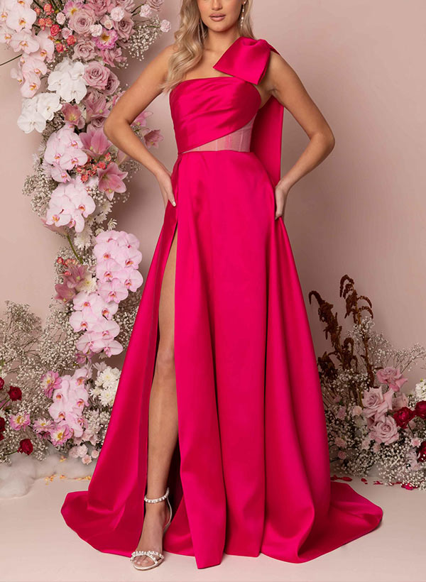 Long One Shoulder Prom Dress with Split Front and Bows-27dress