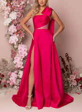 Long One Shoulder Prom Dress with Split Front and Bows-27dress