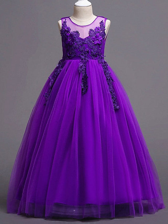 Long Princess Ball Gown Satin Tulle Wedding Party Flower Girl Dresses-27dress