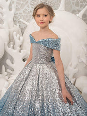 Long Princess Ball Gown Sequined Off Shoulder Wedding Party Flower Girl Dresses-27dress