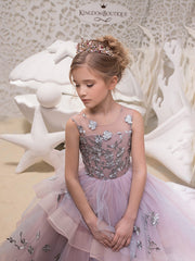 Long Princess Lace Organza Tulle Jewel Neck Maxi Party Birthday Pageant Flower Girl Dresses-27Dress
