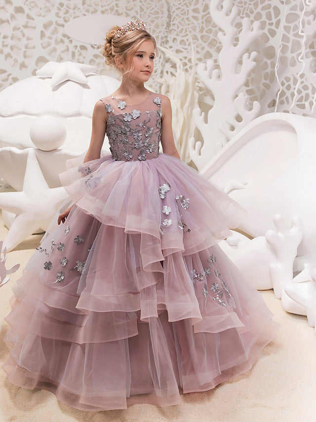 Long Princess Lace Organza Tulle Jewel Neck Maxi Party Birthday Pageant Flower Girl Dresses-27Dress
