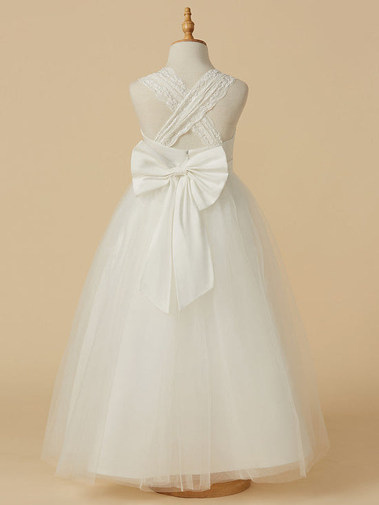 Long Princess Lace Satin Tulle Sleeveless Wedding First Communion Flower Girl Dresses-27dress