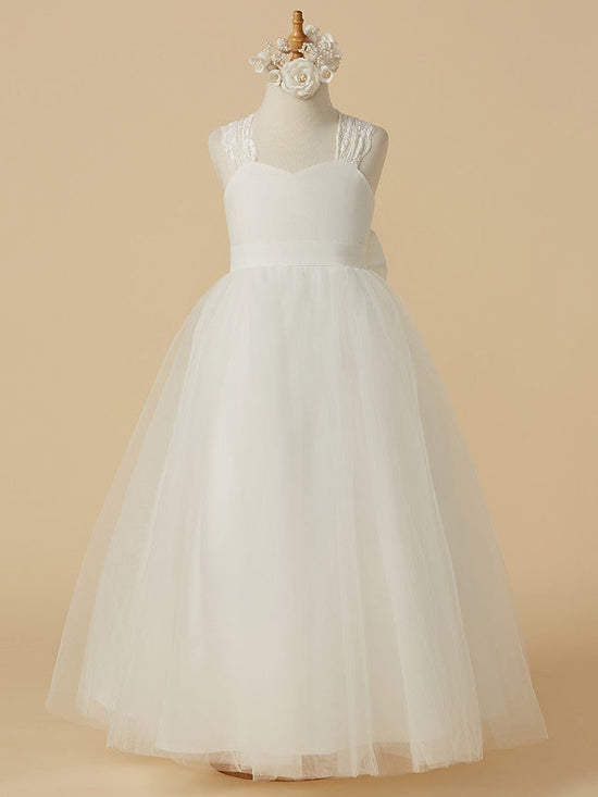 Long Princess Lace Satin Tulle Sleeveless Wedding First Communion Flower Girl Dresses-27dress