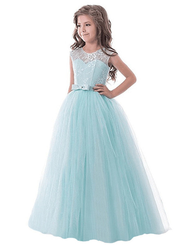 Long Princess Lace Tulle Jewel Neck Party Birthday Pageant Flower Girl Dresses-27dress