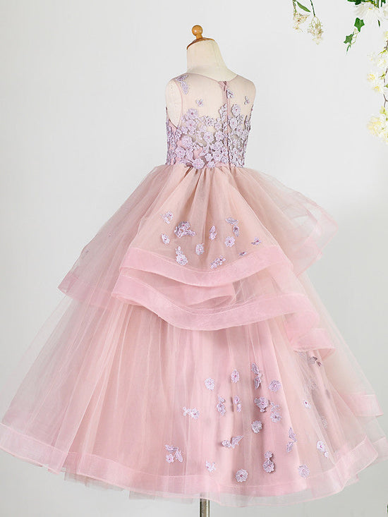 Long Princess Lace Tulle Sleeveless Jewel Neck Wedding Birthday Pageant Flower Girl Dresses-27dress