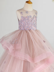 Long Princess Lace Tulle Sleeveless Jewel Neck Wedding Birthday Pageant Flower Girl Dresses-27dress