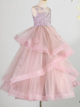 Long Princess Lace Tulle Sleeveless Jewel Neck Wedding Birthday Pageant Flower Girl Dresses-27dress