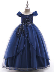 Long Princess Off The Shoulder Tulle Party Pageant Flower Girl Dresses with Sleeves-27dress