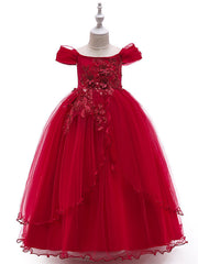 Long Princess Off The Shoulder Tulle Party Pageant Flower Girl Dresses with Sleeves-27dress
