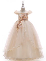 Long Princess Off The Shoulder Tulle Party Pageant Flower Girl Dresses with Sleeves-27dress