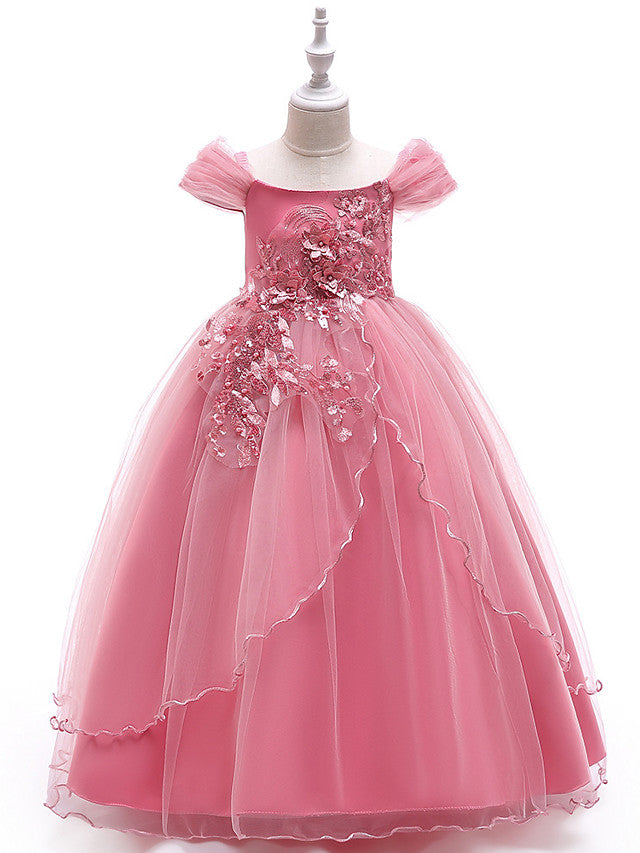 Long Princess Off The Shoulder Tulle Party Pageant Flower Girl Dresses with Sleeves-27dress