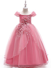 Long Princess Off The Shoulder Tulle Party Pageant Flower Girl Dresses with Sleeves-27dress