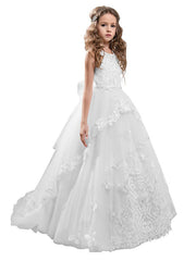 Long Princess Pageant Lace Tulle Sleeveless Jewel Neck Flower Girl Dresses-27dress