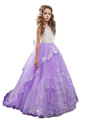 Long Princess Pageant Lace Tulle Sleeveless Jewel Neck Flower Girl Dresses-27dress