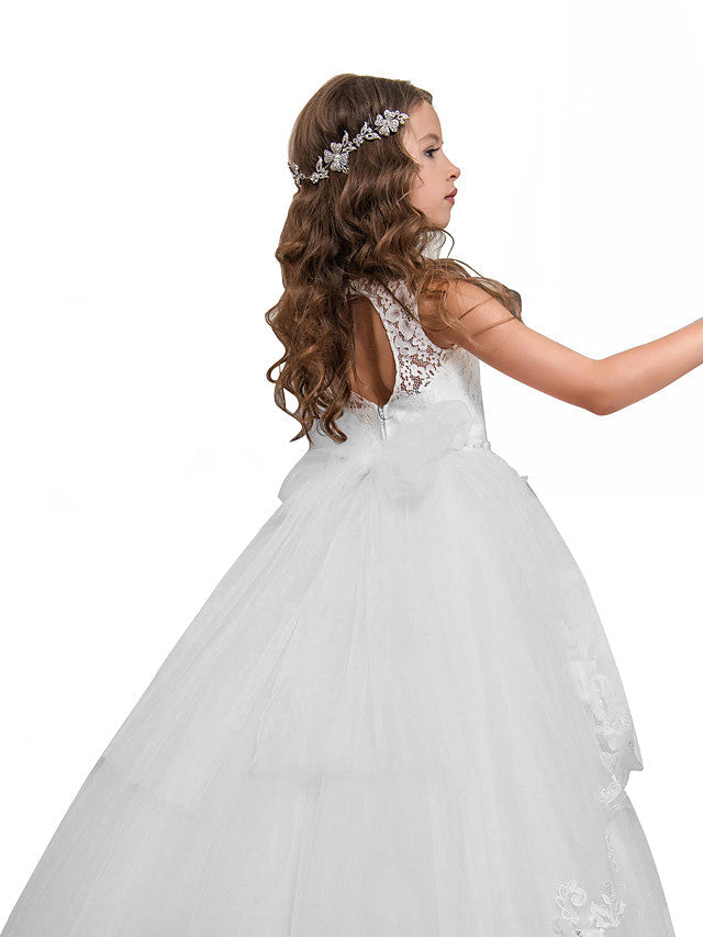 Long Princess Pageant Lace Tulle Sleeveless Jewel Neck Flower Girl Dresses-27dress