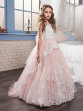 Long Princess Pageant Lace Tulle Sleeveless Jewel Neck Flower Girl Dresses-27dress
