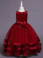 Long Princess Satin Tulle Jewel Neck Wedding Party Pageant Flower Girl Dresses-27dress