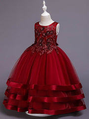 Long Princess Satin Tulle Jewel Neck Wedding Party Pageant Flower Girl Dresses-27dress